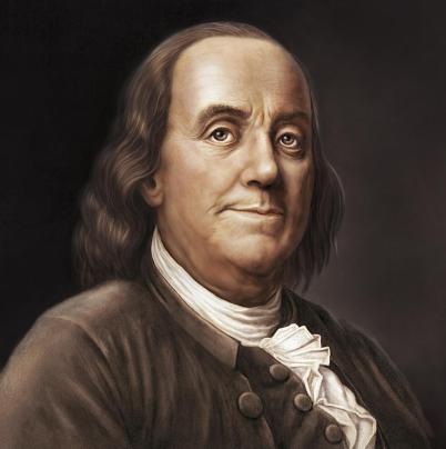 Benjamin Franklin, posing for a portrait. This image is not a traditional painting of the era. Franklin appears to have been drawn and not painted with oil paint. This picture depicts a younger Franklin, as his hair is brown in color, his face is youthful in appearance, and he exhibits a healthy skin tone.