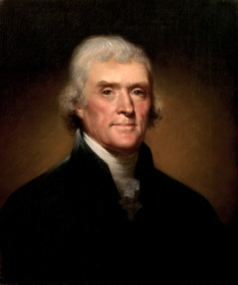 Thomas Jefferson, posing for a portrait found in the Presidential collection. The painting was created as a depiction of his likeness while employed as the third President of the United States, which was many years after the American Revolutionary War. Jefferson’s older age is evident in this image as he has gray hair and apparent aging in his face.